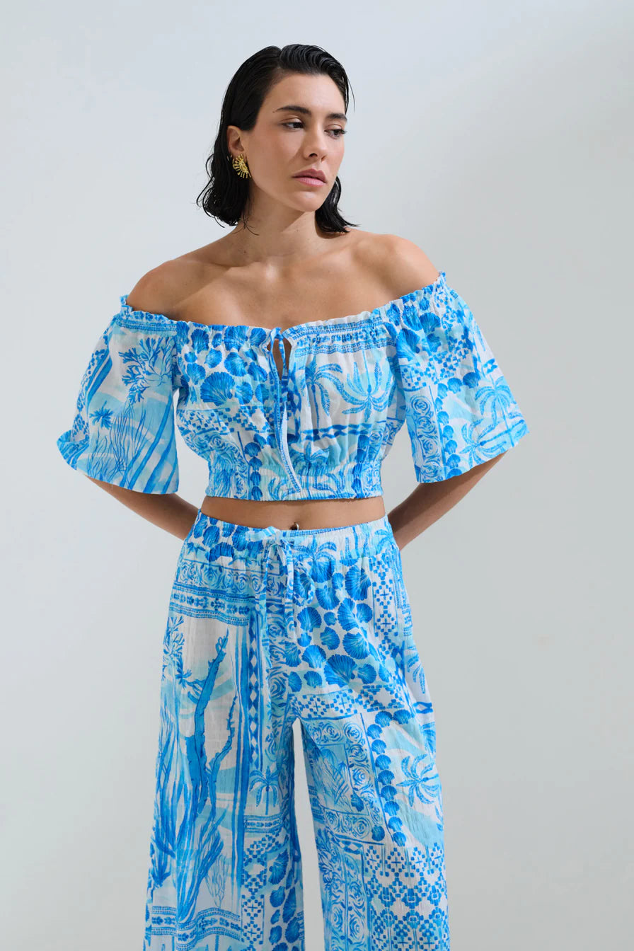 Crop top off-shoulders shell print