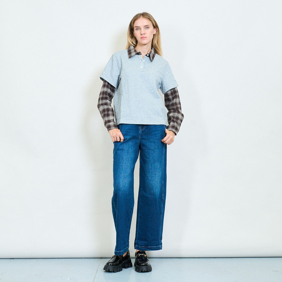 Layered Effect Shirt with Plaid Sleeves Grey