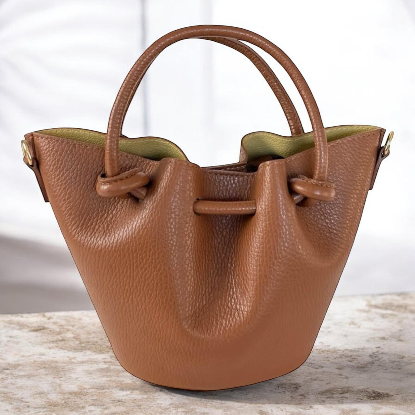 Mini Drawstring Leather Bucket – Tan