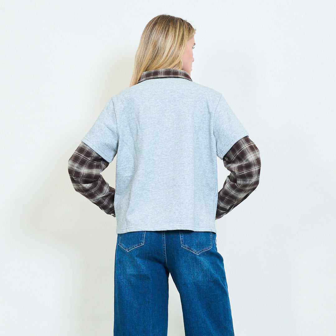 Layered Effect Shirt with Plaid Sleeves Grey