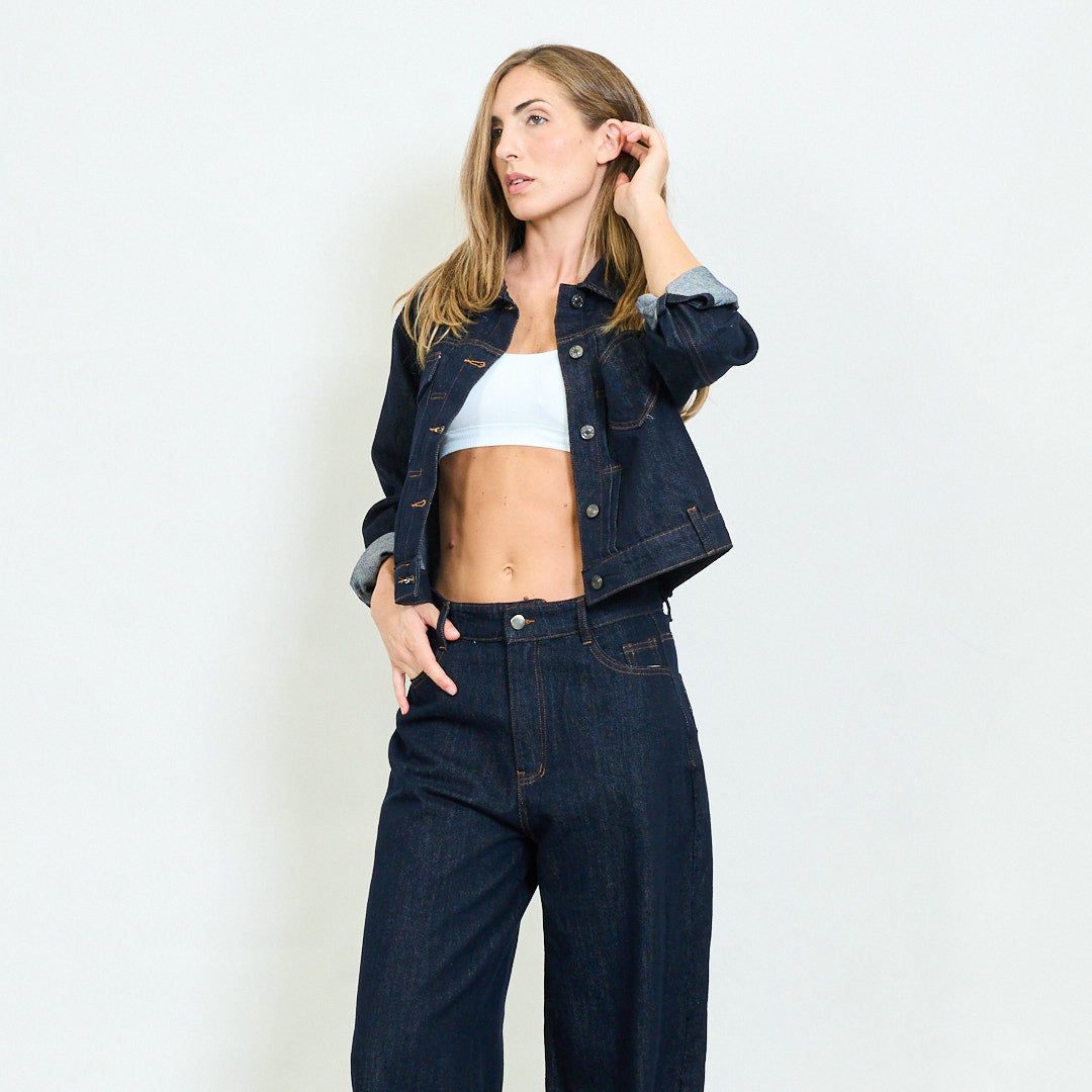 Dark Blue Denim Cropped Jacket with Heart Detail