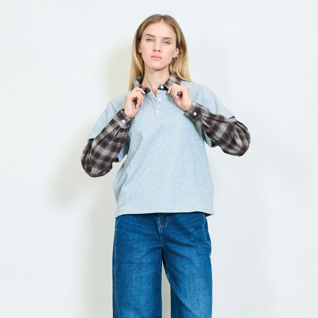 Layered Effect Shirt with Plaid Sleeves Grey