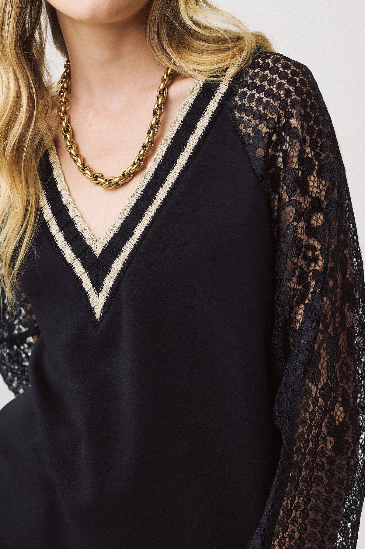 Figaro Lace Sleeve V-Neck Top Black