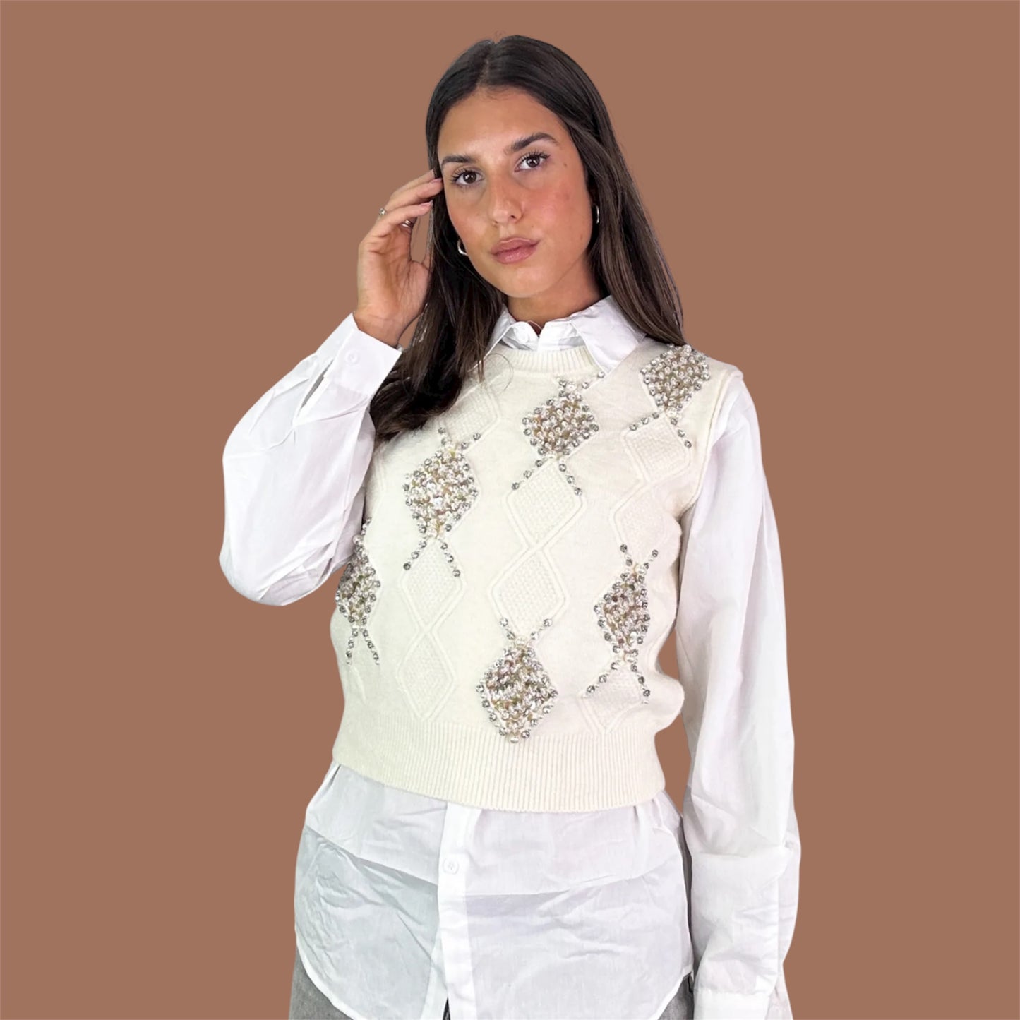Embellished Knit Vest with Shirt – White