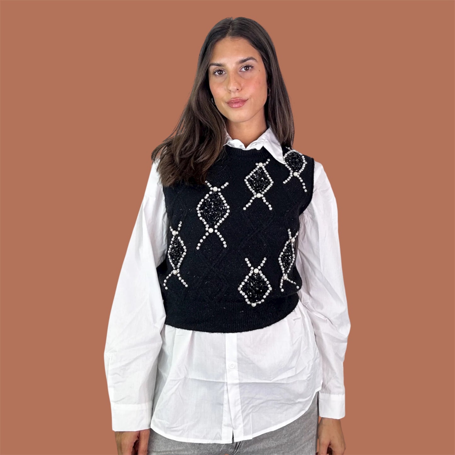 Embellished Knit Vest with Shirt – Black
