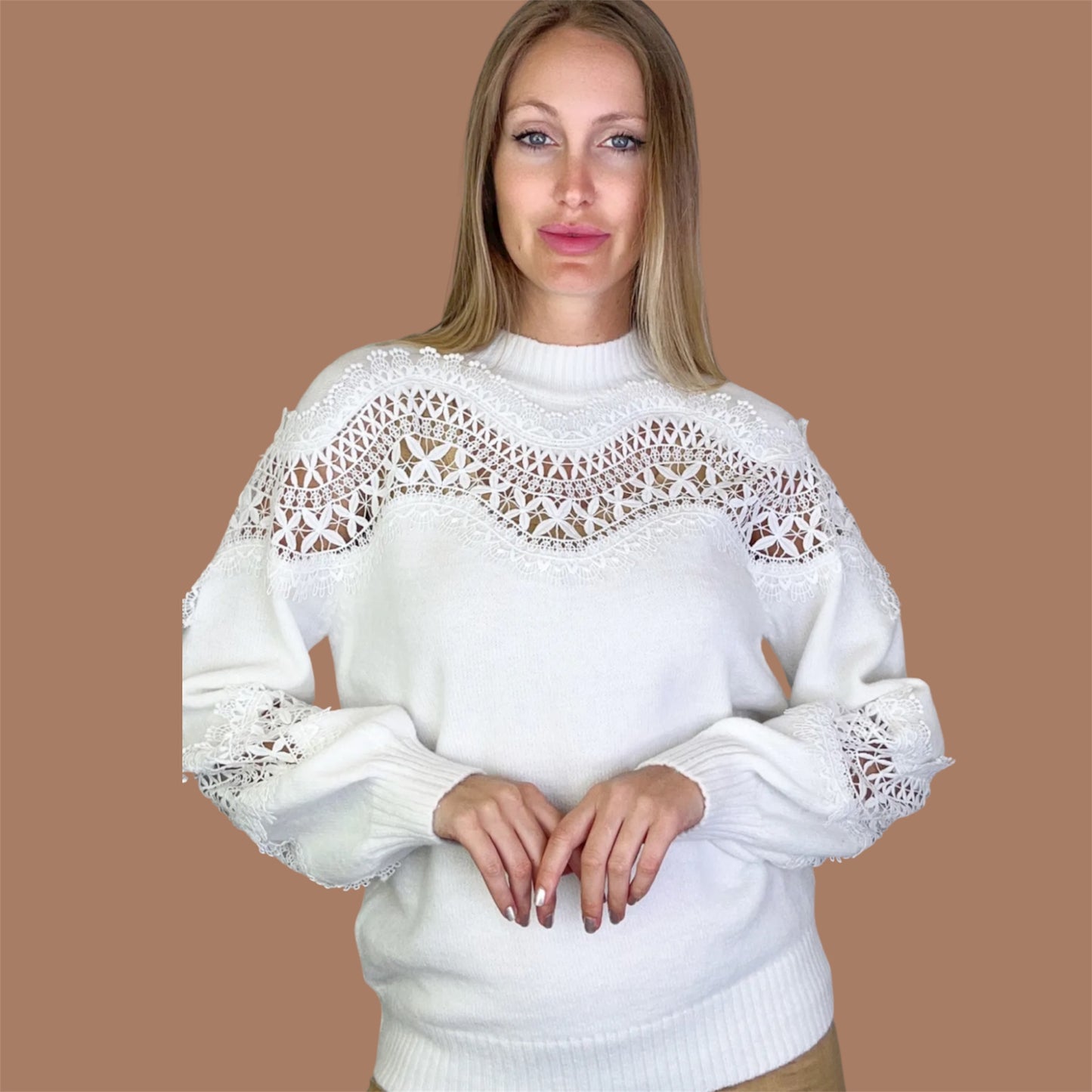 White Lace Panel Sweater