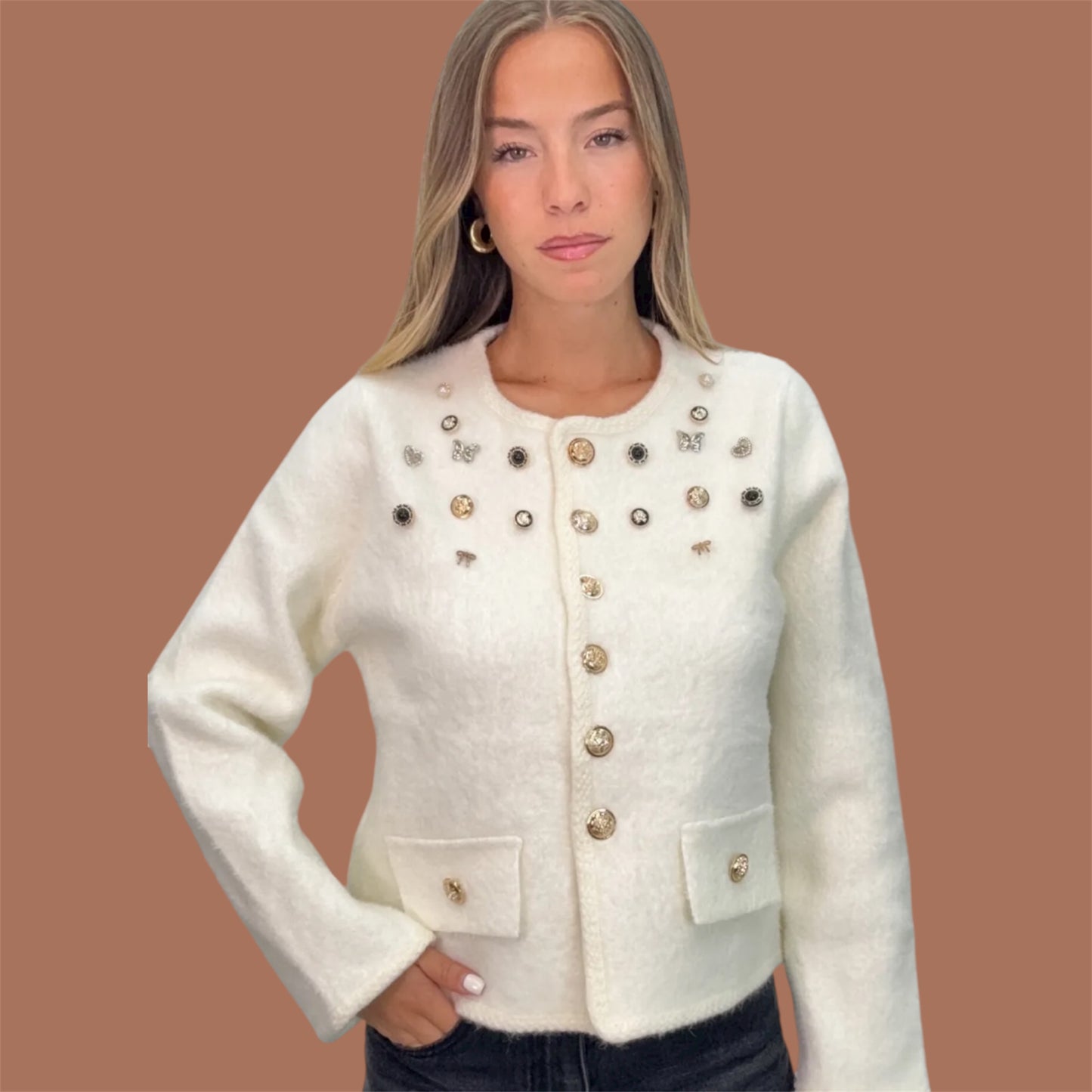 Pearl & Gold Button Cardigan – White