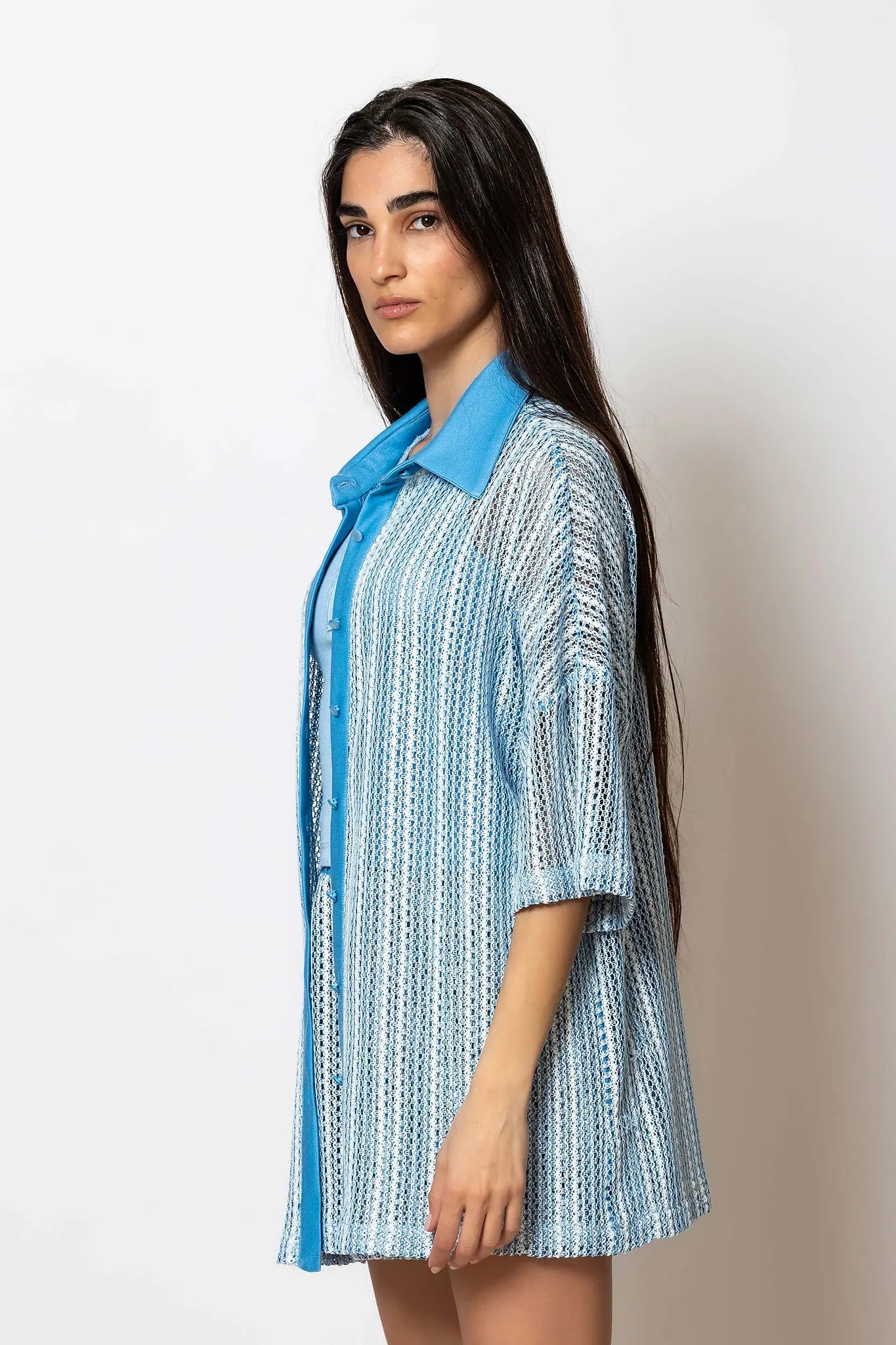Striped crochet knit shirt