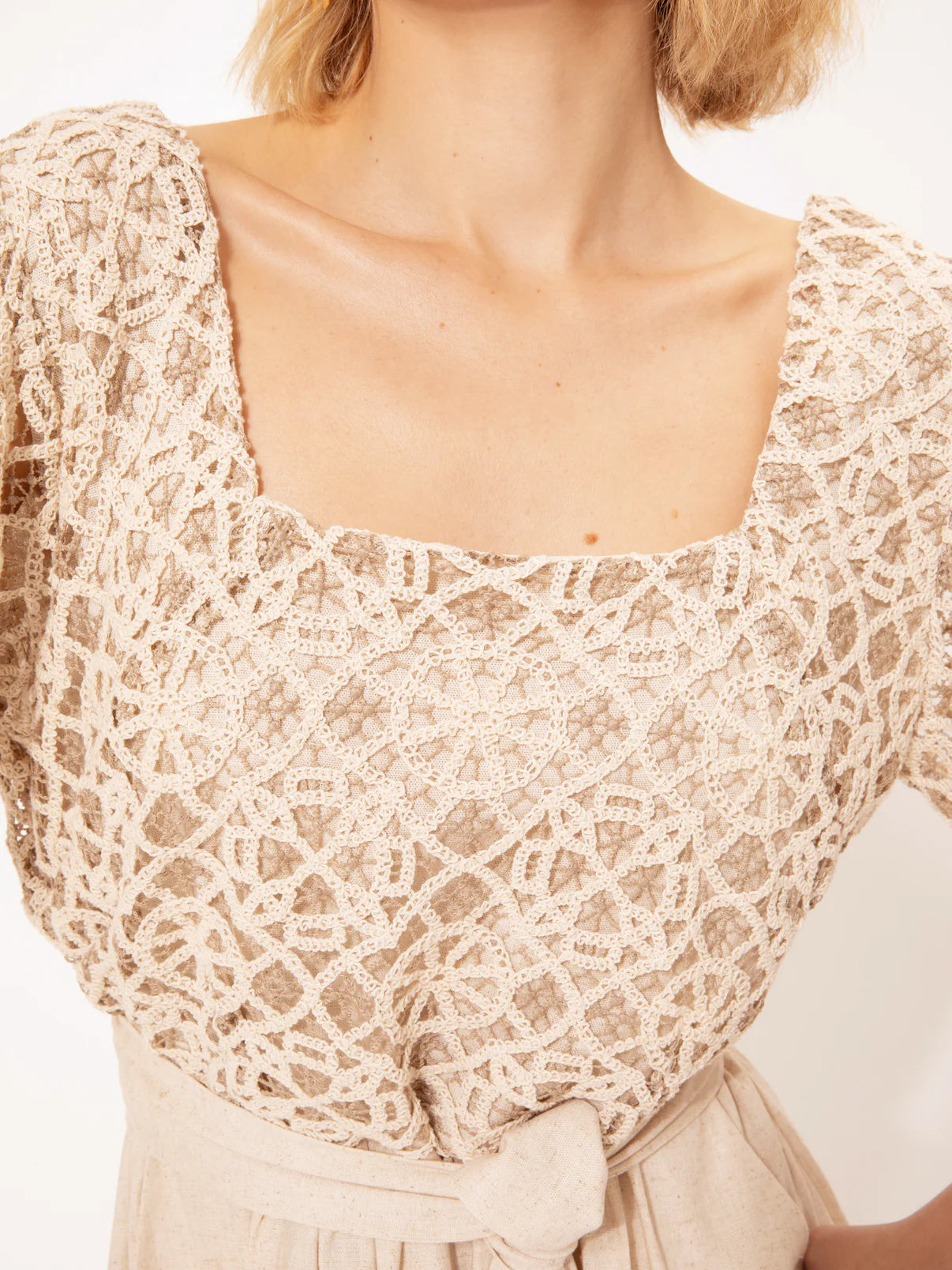We are CROCHET SQUARE-NECK MIDI DRESS LINEN BEIGE