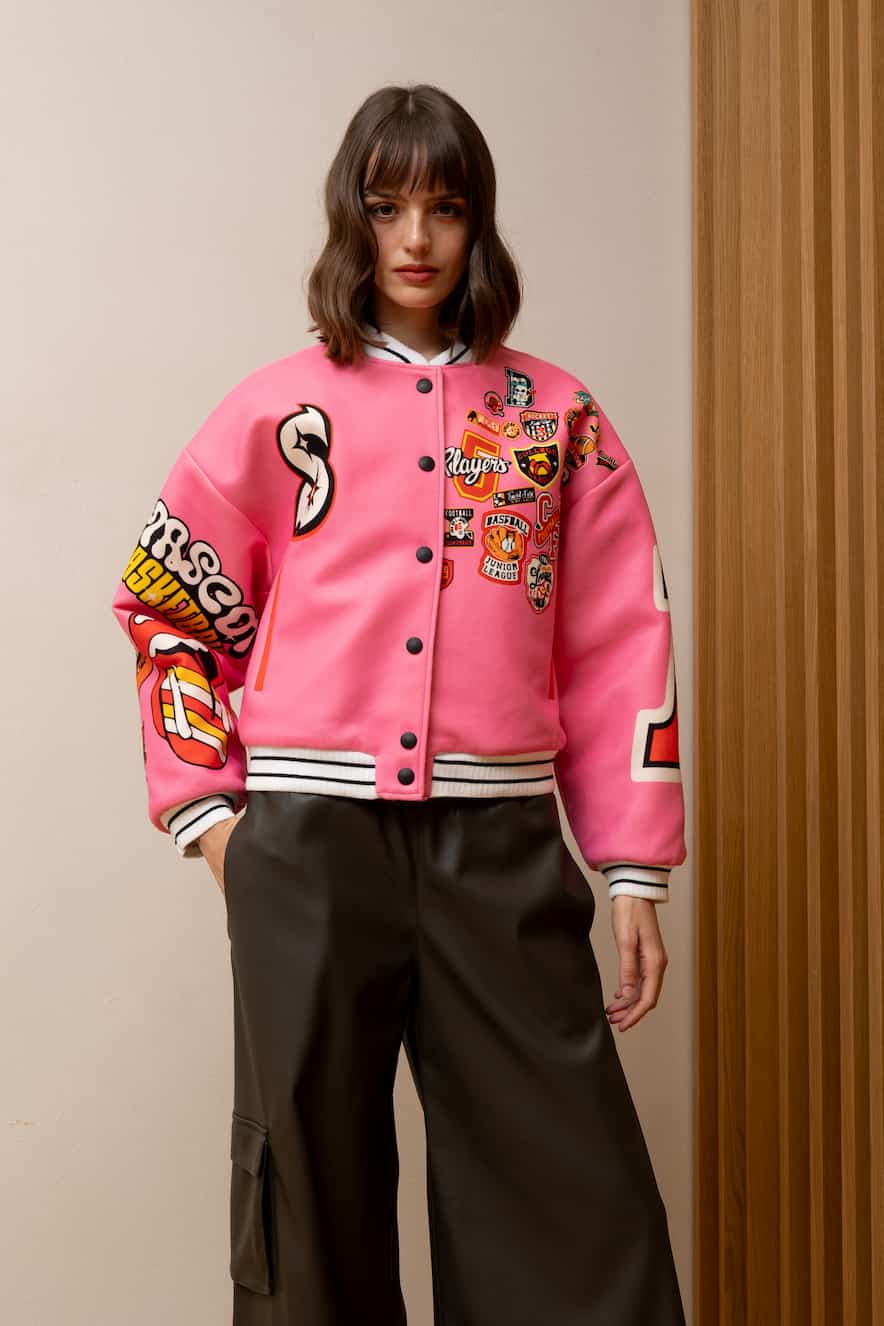Never on Sunday Elan Crop Bomber Jacket Pink