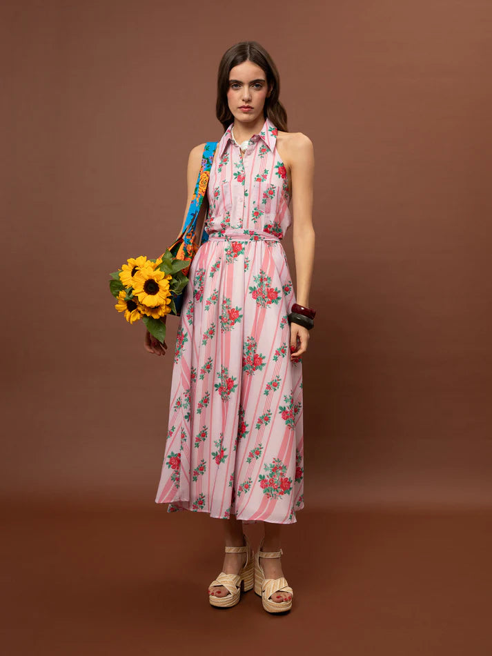 WE__ARE SLEEVELESS SHIRT COLLAR COTTON DRESS - STRIPES ROSES