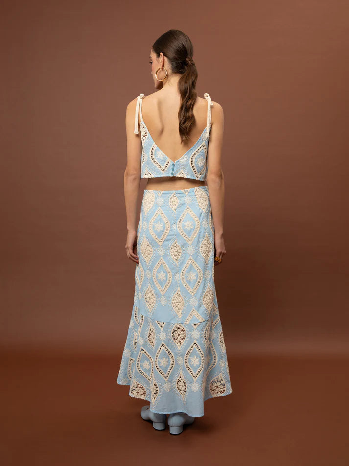 WE__ARE FLARED BRODERIE TOP - LIGHT BLUE