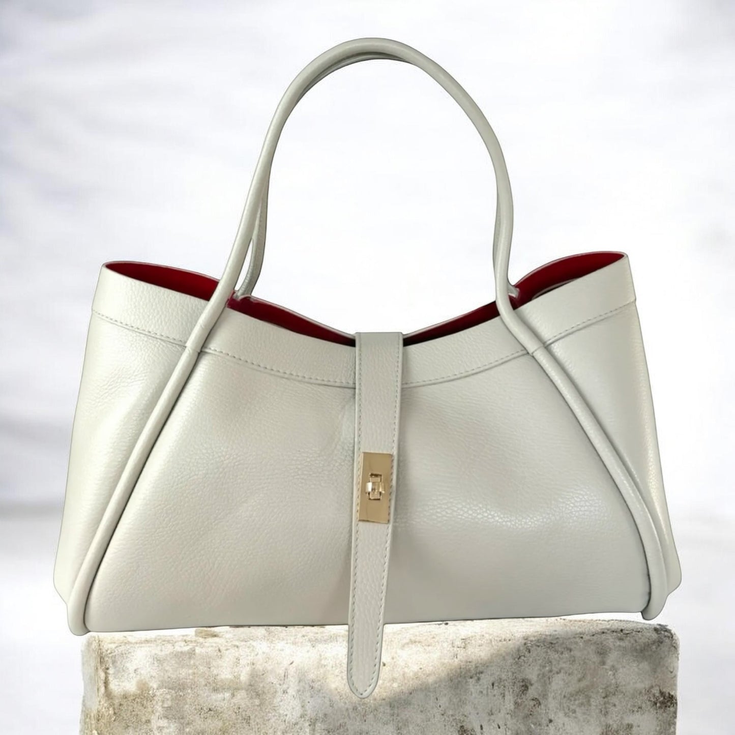 Elegance Lock Leather Tote – Cream