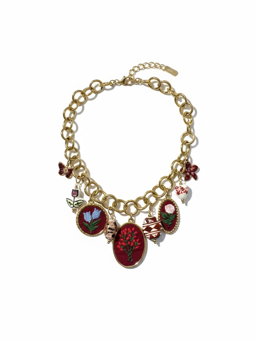 Botanical Charm Chain Necklace Red