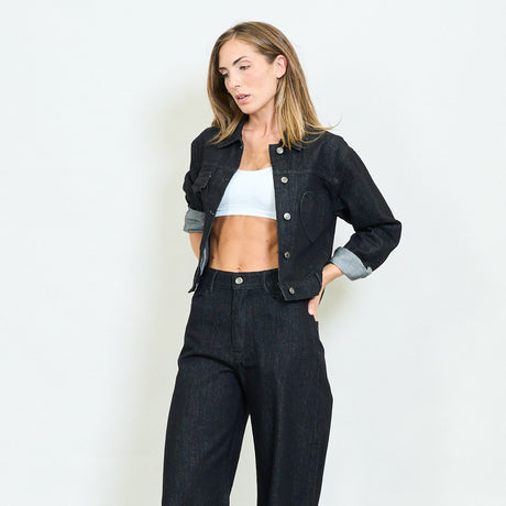 Black Denim Cropped Jacket with Heart Detail