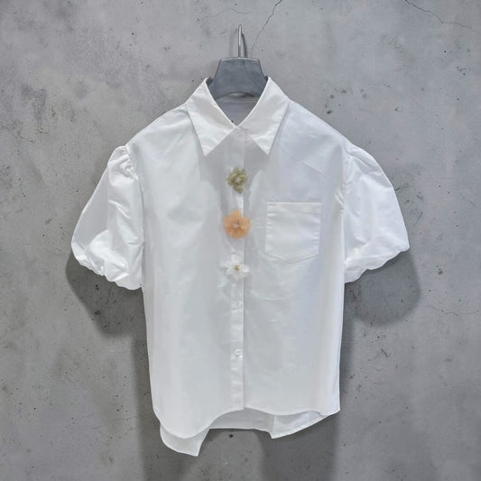 Floral Button Shirt – White (Short Sleeve)