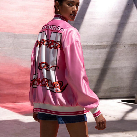 Never On Sunday “Cool Edition” Pink Varsity Jacket