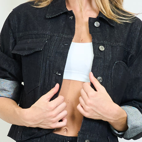 Black Denim Cropped Jacket with Heart Detail