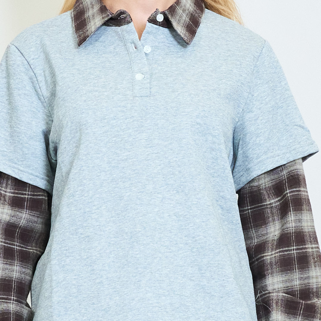 Layered Effect Shirt with Plaid Sleeves Grey
