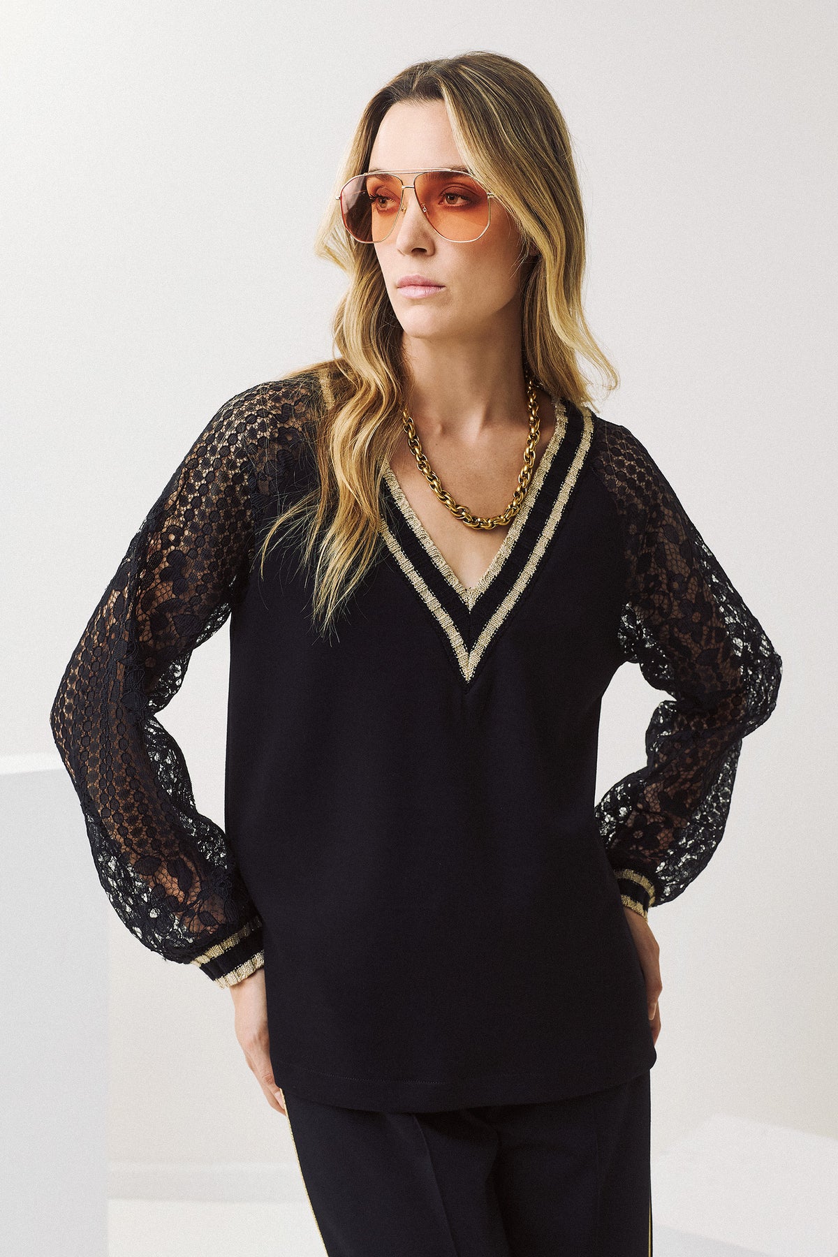 Figaro Lace Sleeve V-Neck Top Black
