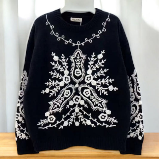 Ornate Floral Embroidered Knit Sweater Black