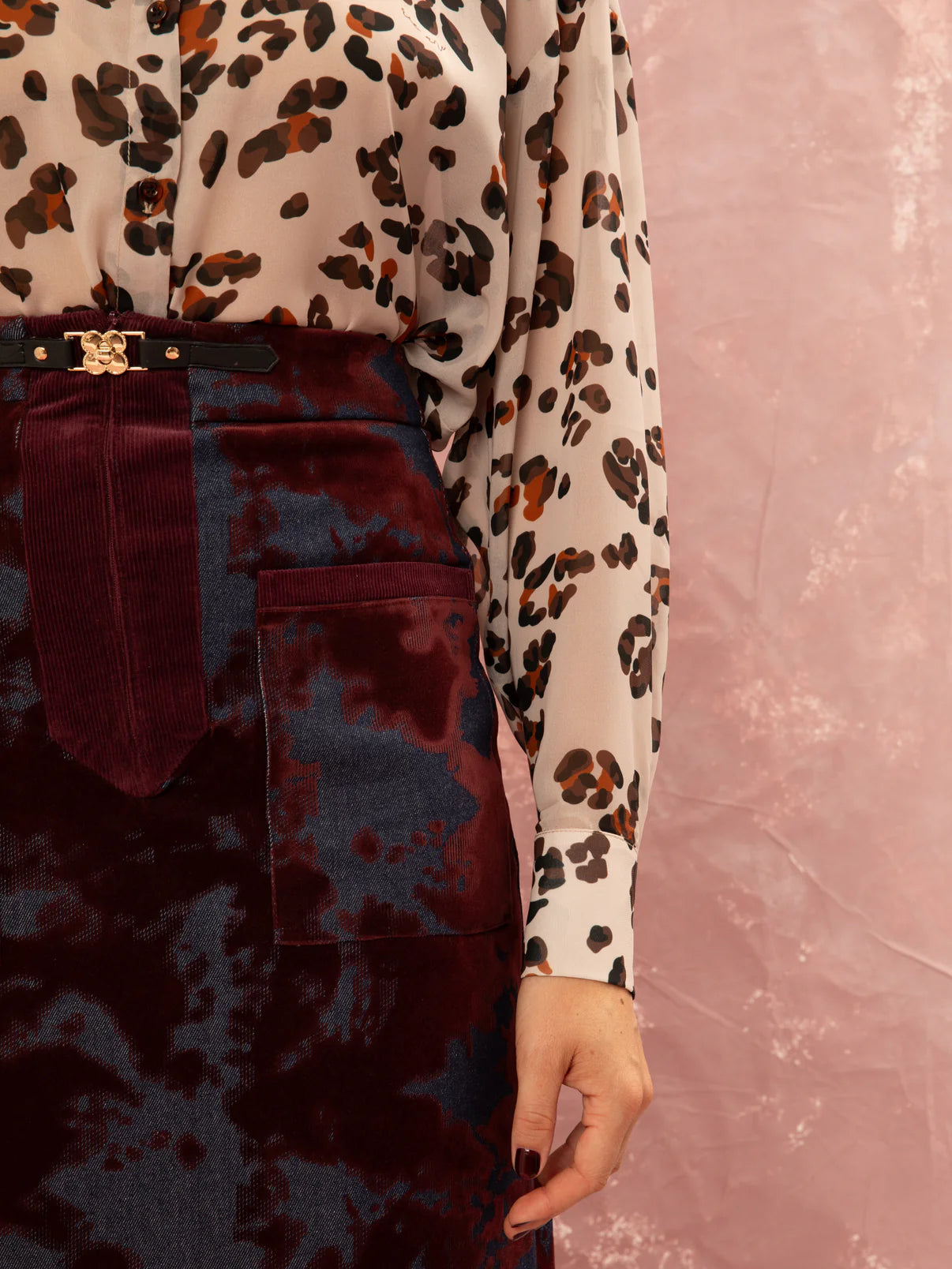 WE__ARE
DENIM/VELVET STRAIGHT MIDI SKIRT - BURGUNDY