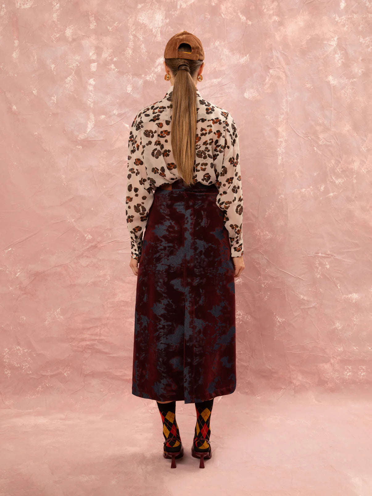 WE__ARE
DENIM/VELVET STRAIGHT MIDI SKIRT - BURGUNDY