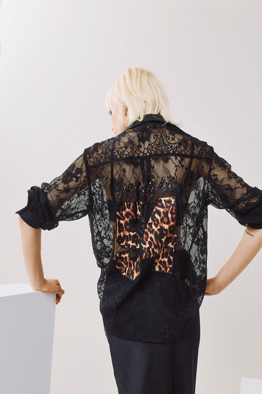 EIGHTY2 Μαύρο oversized lace πουκάμισο με prin