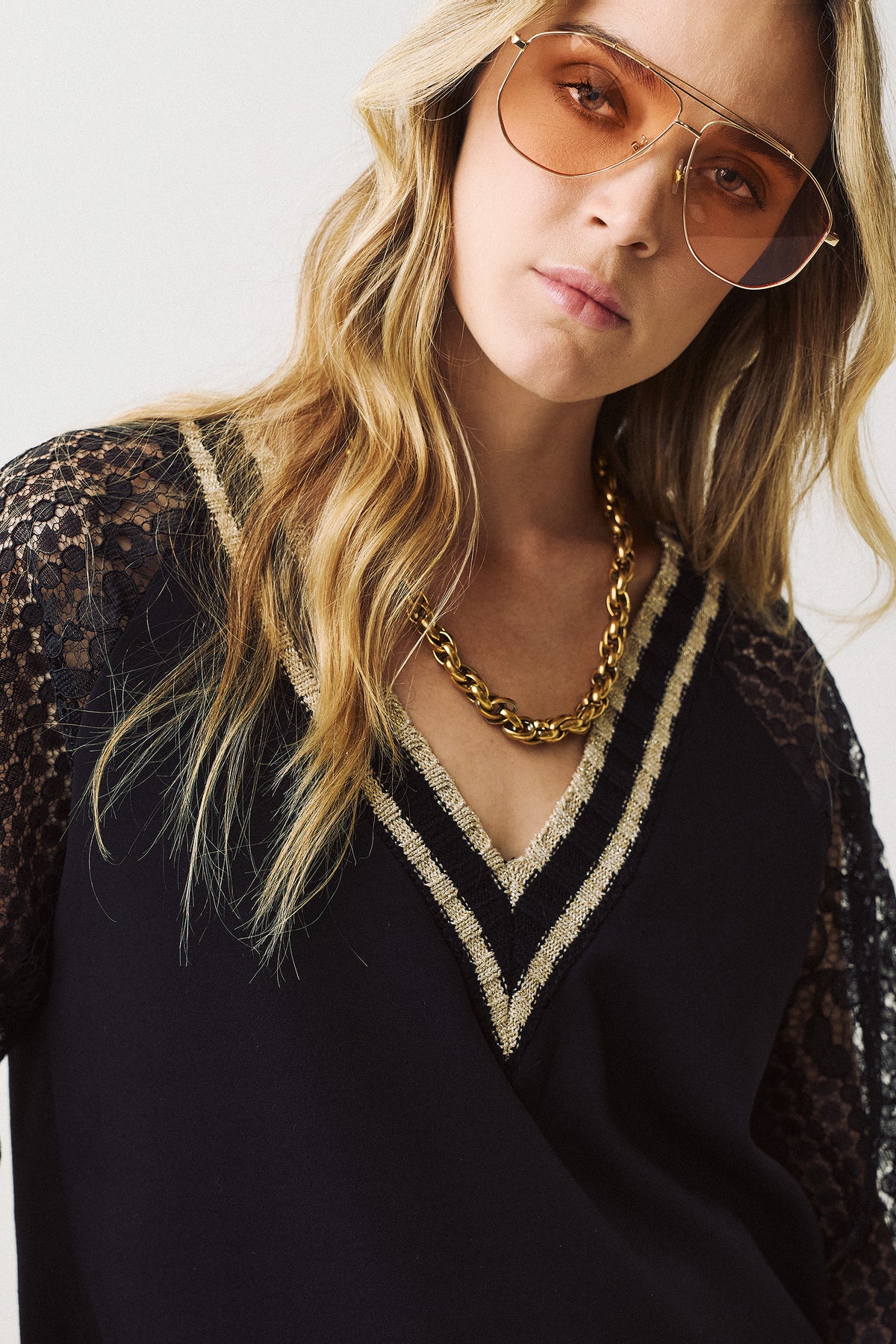 Figaro Lace Sleeve V-Neck Top Black