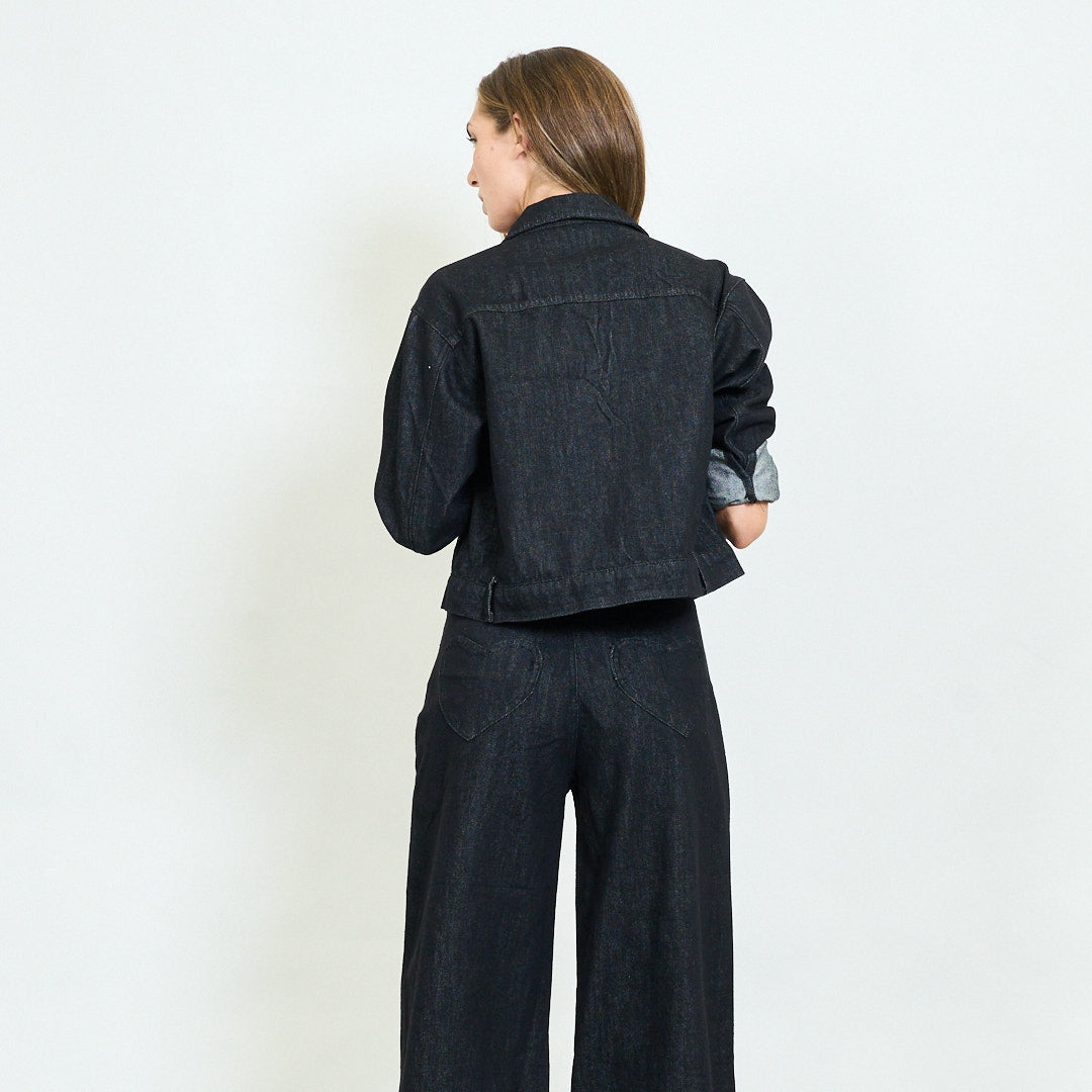 Black Denim Cropped Jacket with Heart Detail