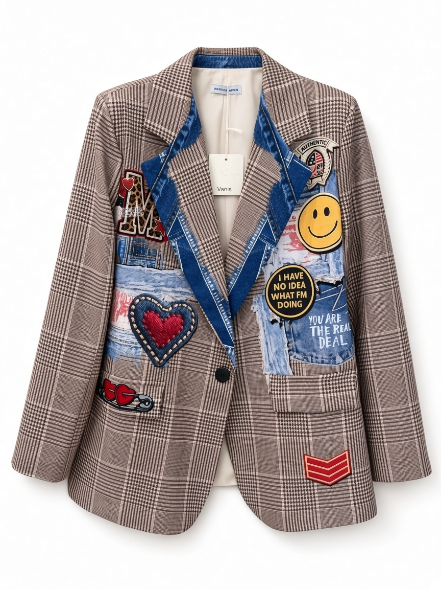 Denim Patchwork Check Blazer