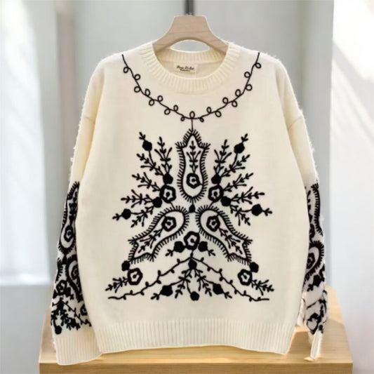 Ornate Floral Embroidered Knit Sweater Ivory