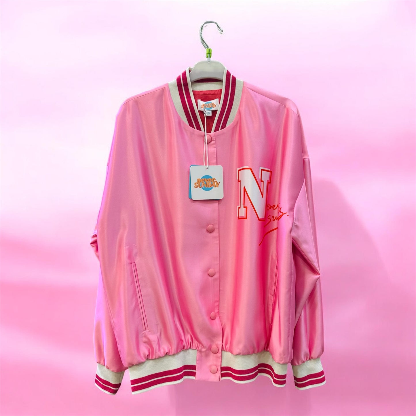 Never On Sunday “Cool Edition” Pink Varsity Jacket