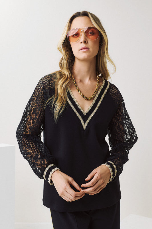 Figaro Lace Sleeve V-Neck Top Black