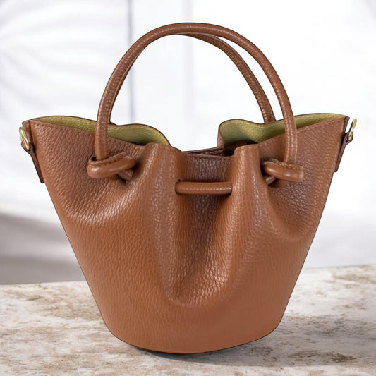 Mini Drawstring Leather Bucket – Tan