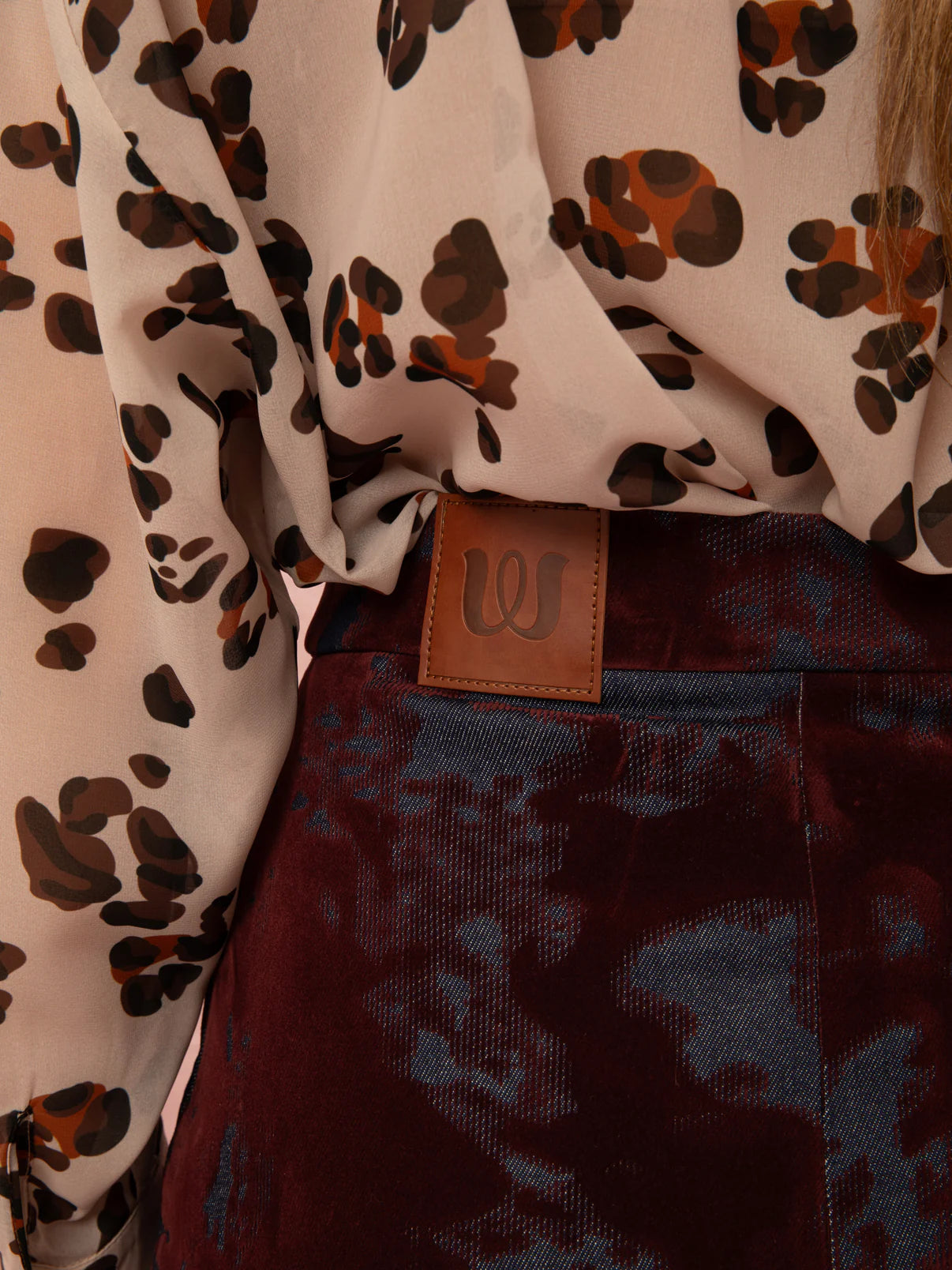 WE__ARE
DENIM/VELVET STRAIGHT MIDI SKIRT - BURGUNDY