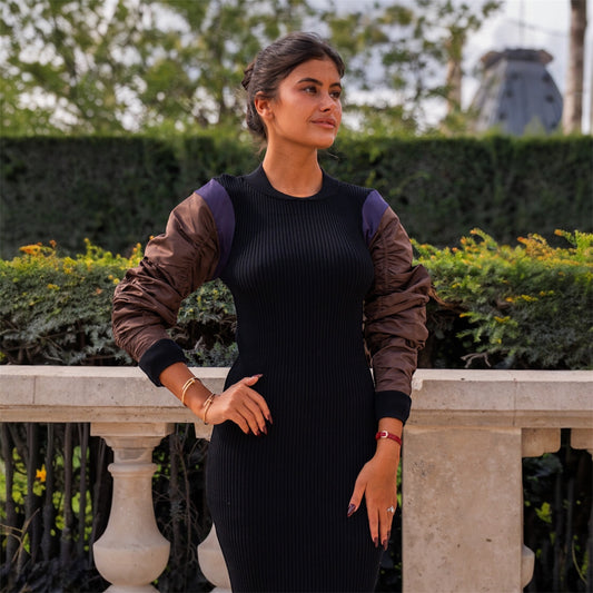 Ribbed Dress with Puff Sleeves