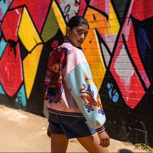 Never On Sunday “Sunset Mood” Varsity Jacket Pink