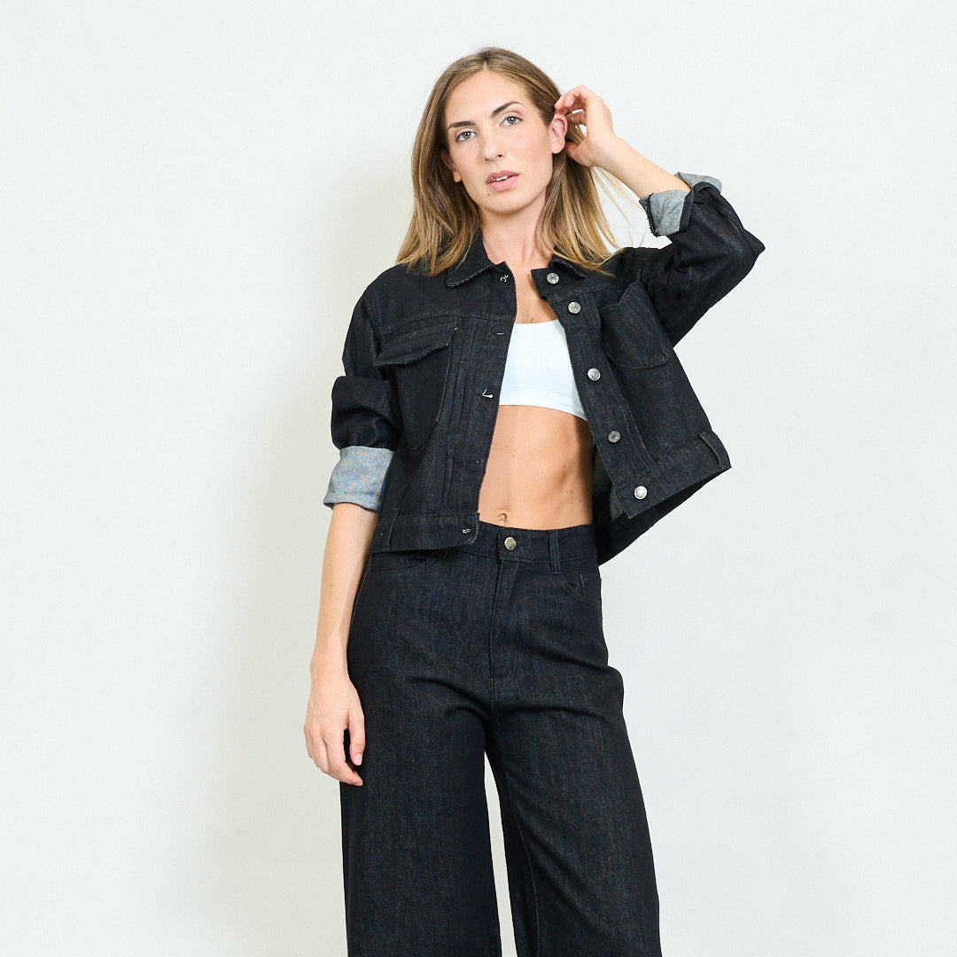 Black Denim Cropped Jacket with Heart Detail