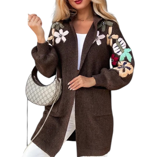 Brown Cardigan Decorated Flowers
