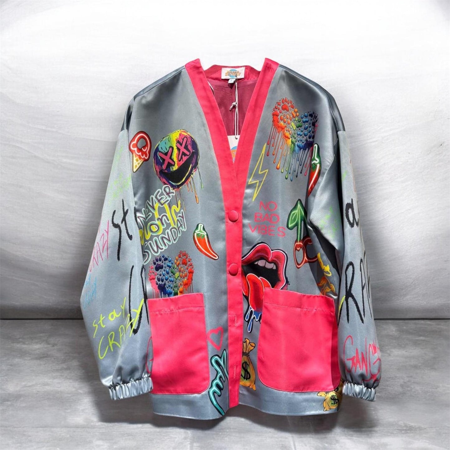 Never On Sunday “No Bad Vibes” Graffiti Jacket Grey