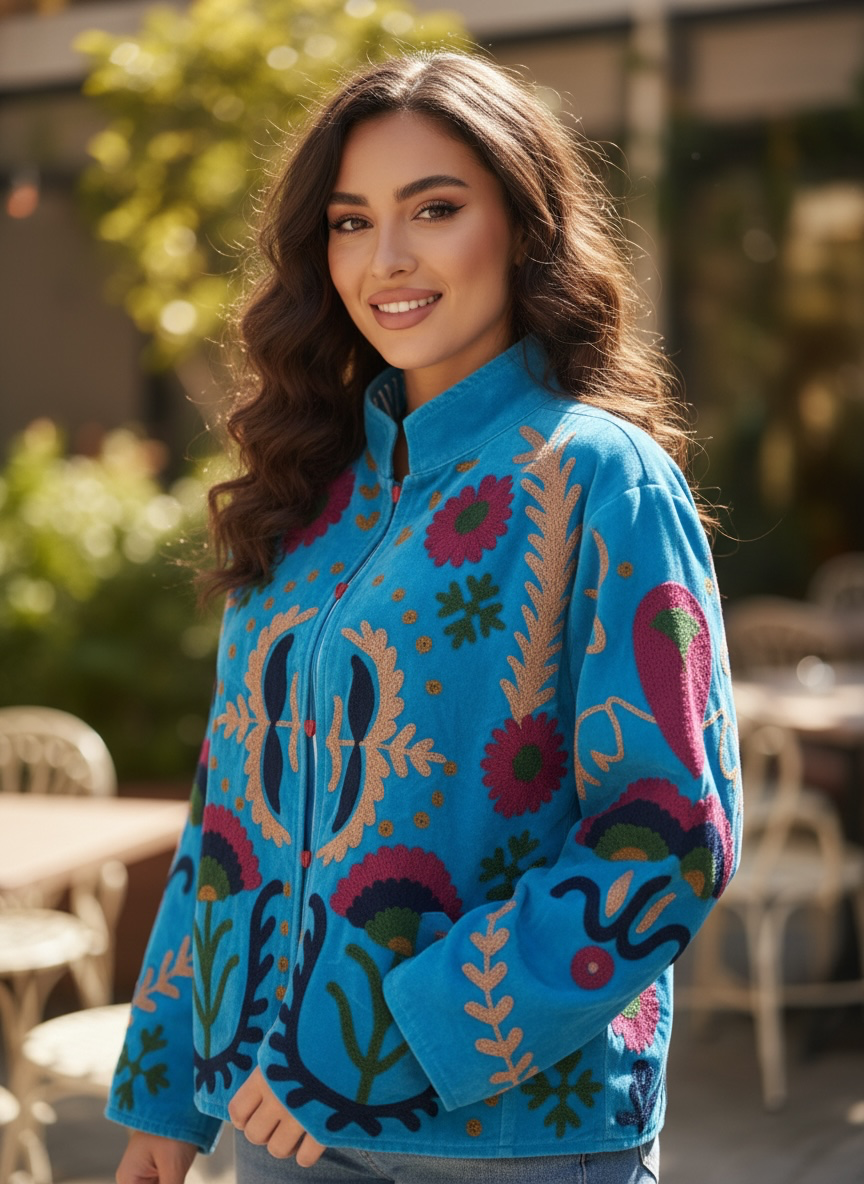 Embroidered Bloom Jacket Blue