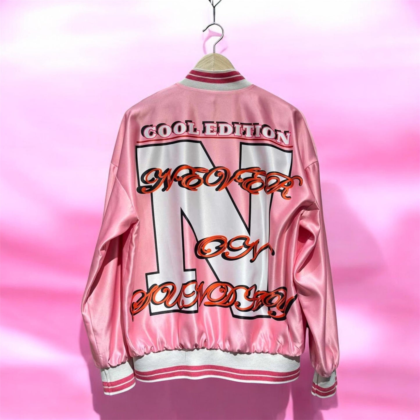 Never On Sunday “Cool Edition” Pink Varsity Jacket
