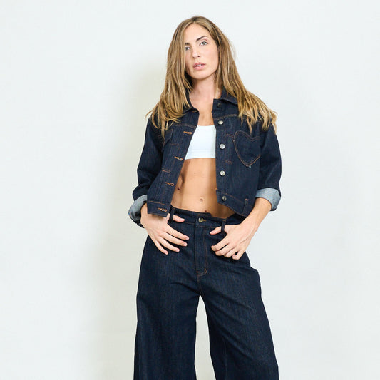Dark Blue Denim Cropped Jacket with Heart Detail