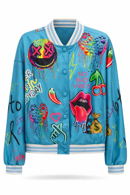 Never On Sunday “Stay Crazy” Bomber Jacket Turquoise
