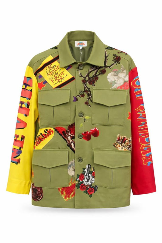 Never On Sunday “Love Not War” Statement Jacket Khaki