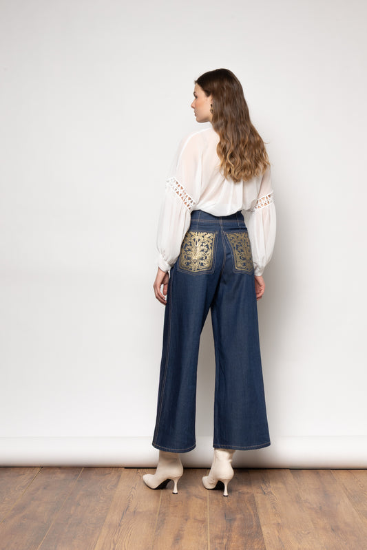 NEMA NEW Wide Leg Embroidered Denim Pants