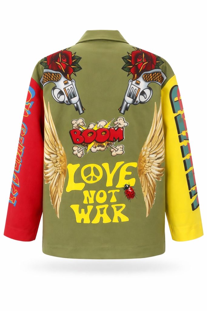 Never On Sunday “Love Not War” Statement Jacket Khaki