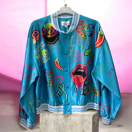 Never On Sunday “Stay Crazy” Bomber Jacket Turquoise