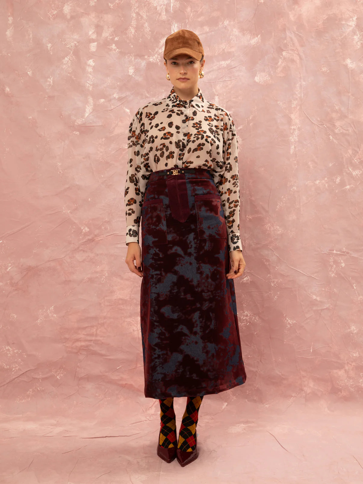 WE__ARE
DENIM/VELVET STRAIGHT MIDI SKIRT - BURGUNDY